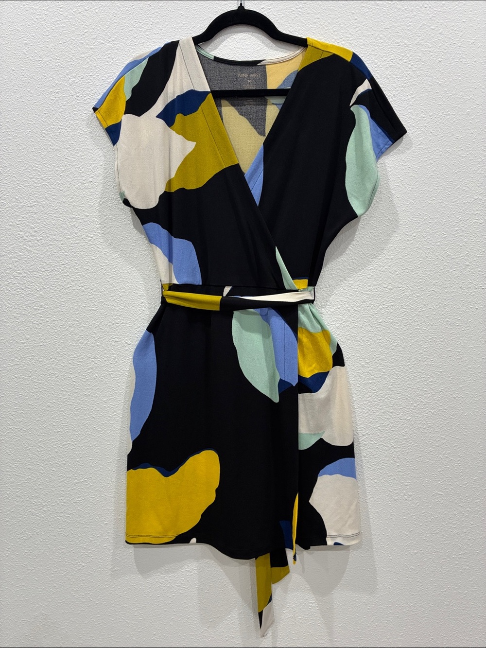 Nine West Faux Wrap Dress with Abstract Print - Black & Mustard
